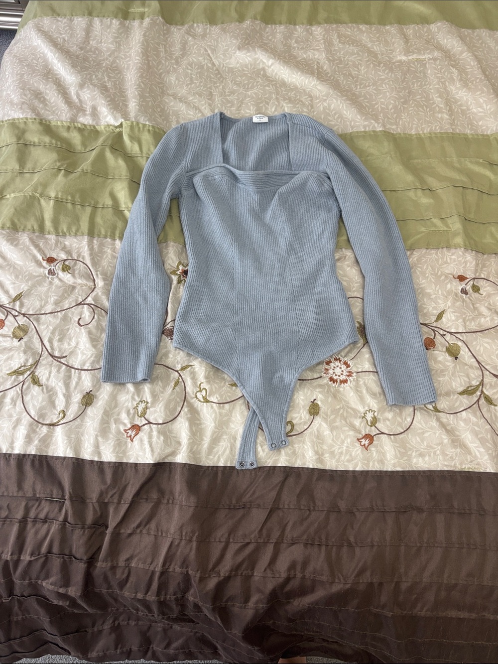 Abercrombie & Fitch Dusty Blue Ribbed Long-Sleeve Sweetheart Bodysuit